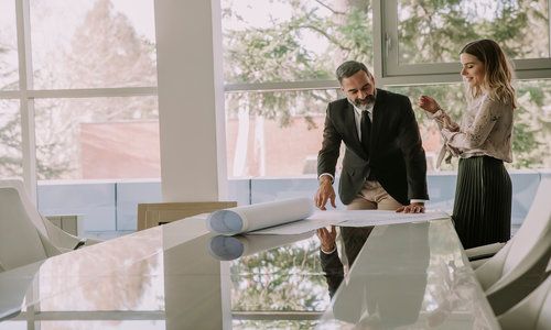 Young Woman and Senior Businessman Working Together on Project